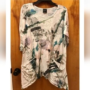 Inoah Art to Wear Watercolor Newsprint Asymmetric Tunic Graffiti Polish Pockets